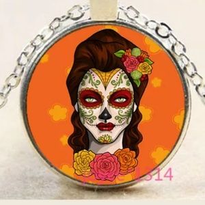 Orange Sugar Skull Girl Silver & Glass Necklace